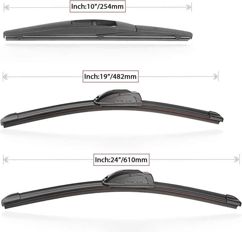 Raintok Windshield Wiper Blade Set Replacement for 2011-2013 Infiniti QX56/2014-2018 Infiniti QX80 and Rear Windshield Wiper Blade-24"/19"/10" (Set of 3) U/J HOOK - Image 5